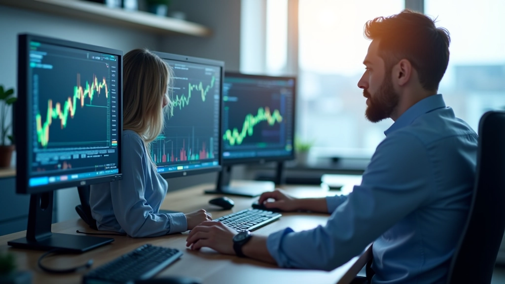 Modern financial trading workspace with multiple monitors and market data displays