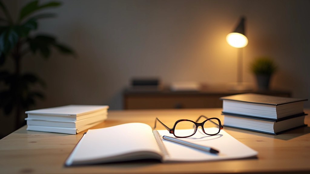 Organized study desk with trading books, notebooks, and market research materials neatly arranged